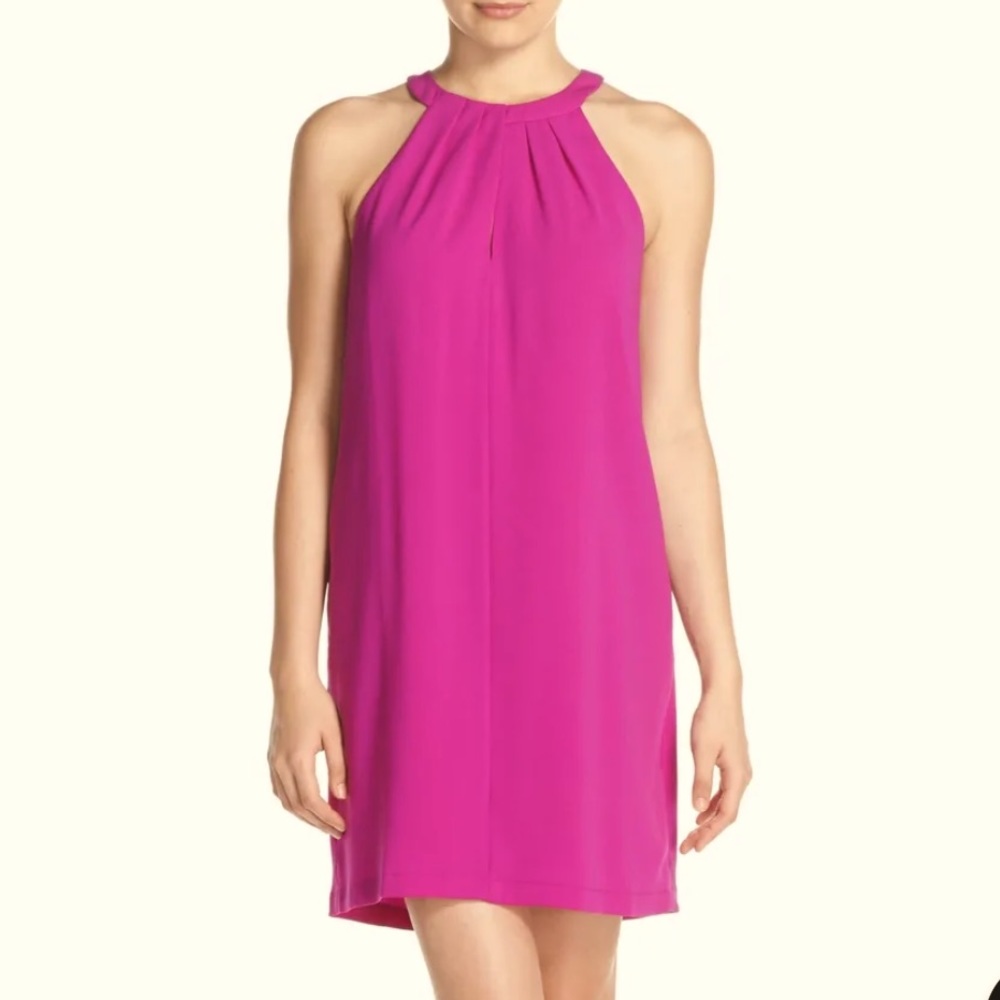 🎉 BCBG MaxAzria Magenta Tristyn Pleated Halter Shift Dress Fully Lined Size S